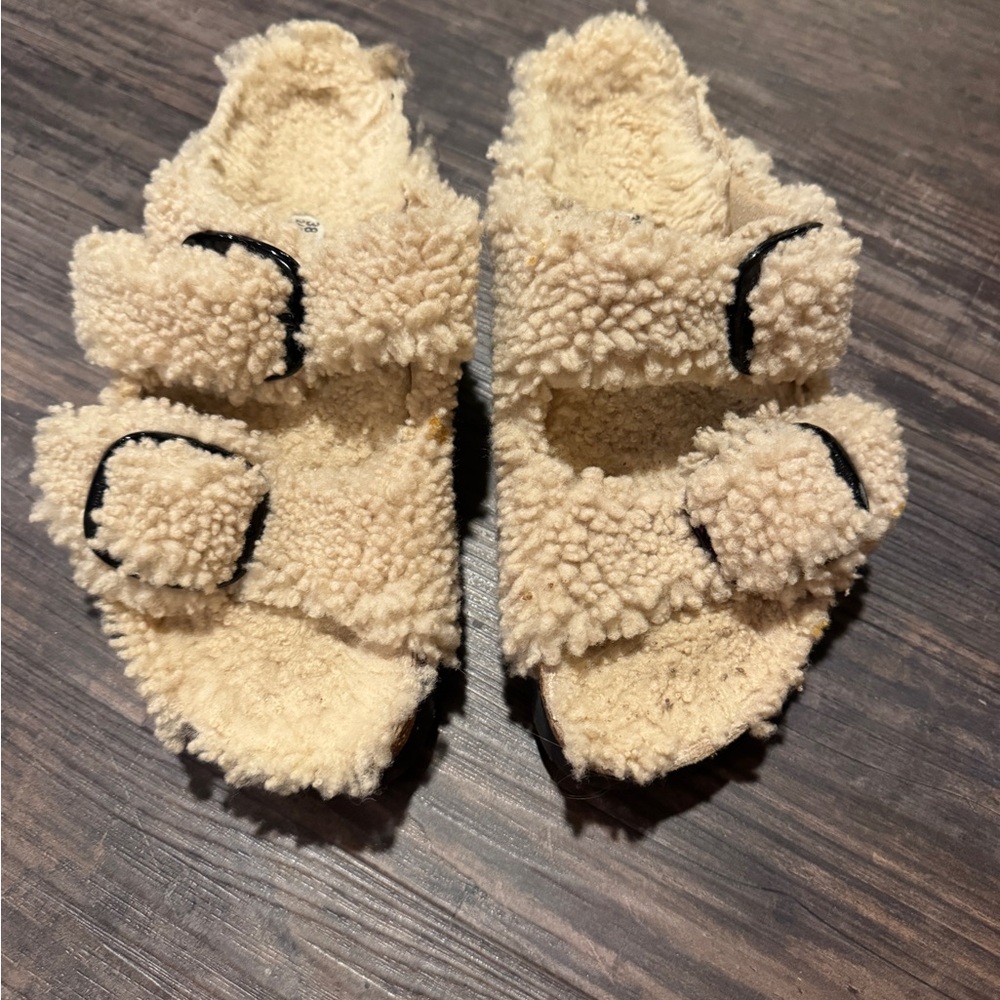 Papillio Faux-Sherpa Double Strap Slide Sandals - Beige